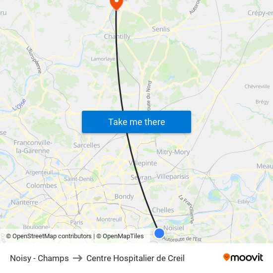 Noisy - Champs to Centre Hospitalier de Creil map