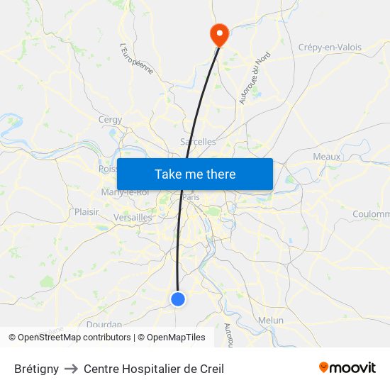 Brétigny to Centre Hospitalier de Creil map