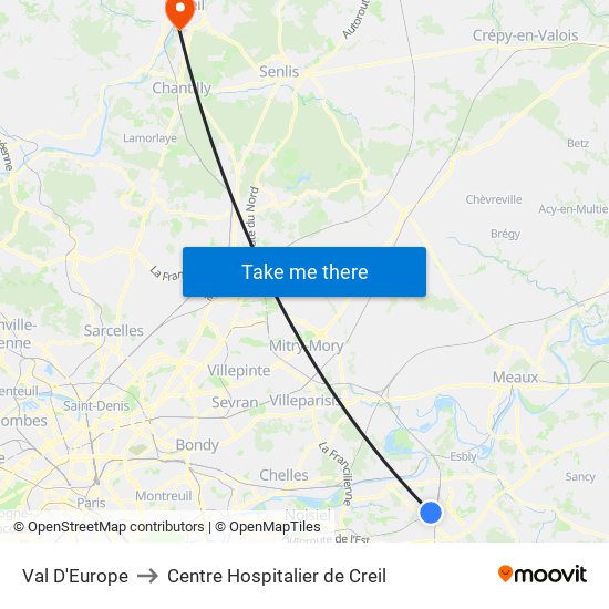 Val D'Europe to Centre Hospitalier de Creil map