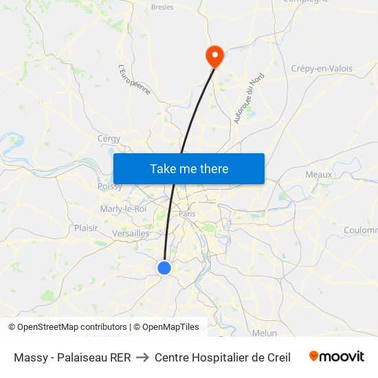 Massy - Palaiseau RER to Centre Hospitalier de Creil map