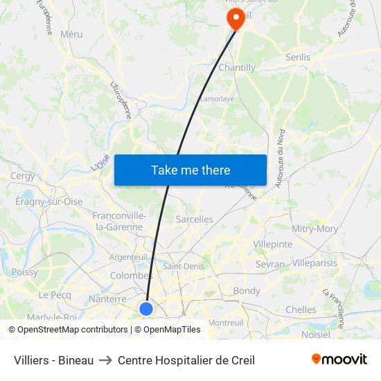 Villiers - Bineau to Centre Hospitalier de Creil map