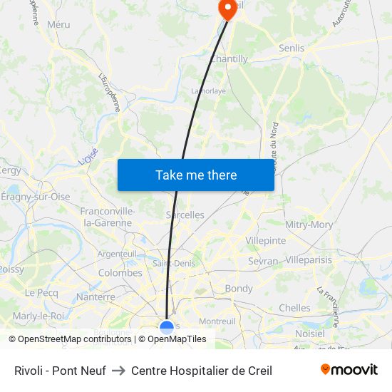 Rivoli - Pont Neuf to Centre Hospitalier de Creil map