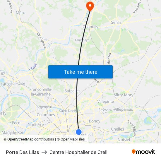 Porte Des Lilas to Centre Hospitalier de Creil map
