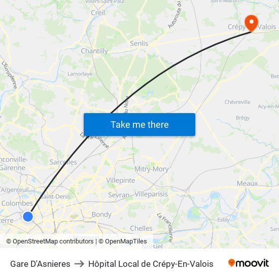 Gare D'Asnieres to Hôpital Local de Crépy-En-Valois map