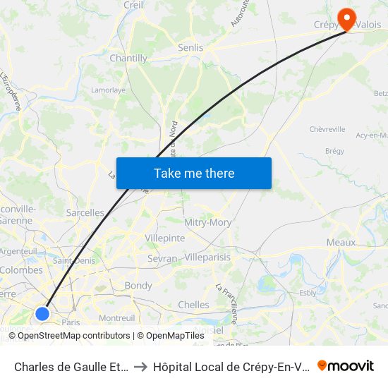 Charles de Gaulle Etoile to Hôpital Local de Crépy-En-Valois map