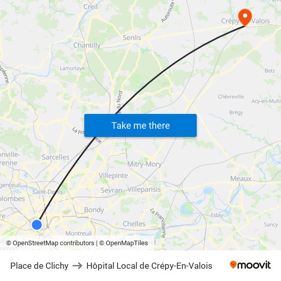 Place de Clichy to Hôpital Local de Crépy-En-Valois map