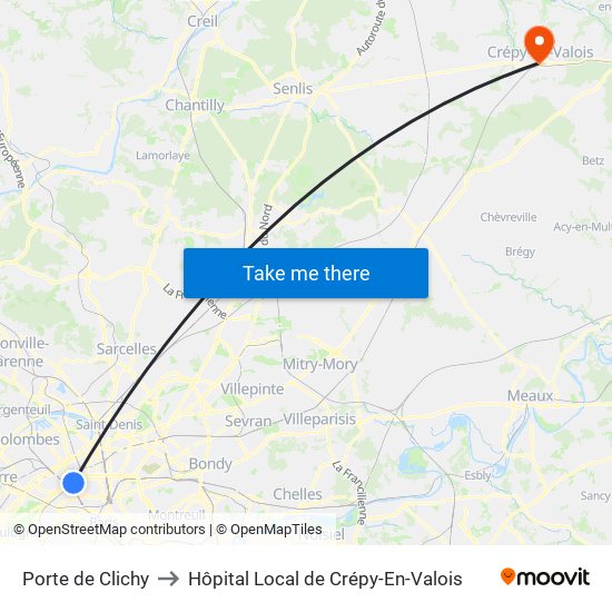 Porte de Clichy to Hôpital Local de Crépy-En-Valois map