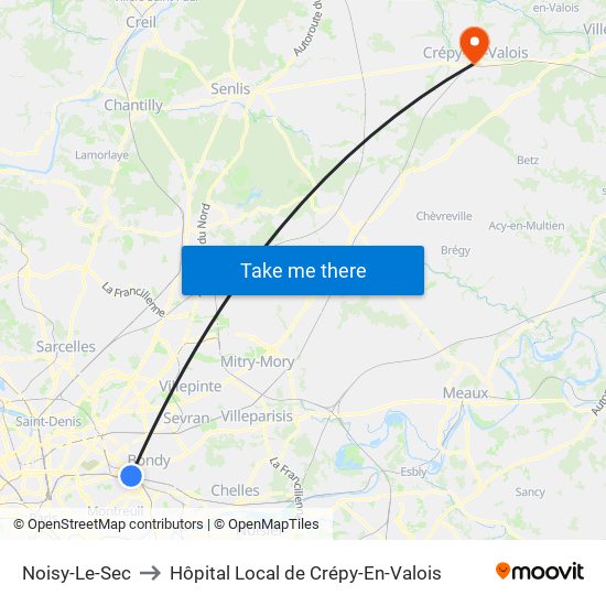 Noisy-Le-Sec to Hôpital Local de Crépy-En-Valois map