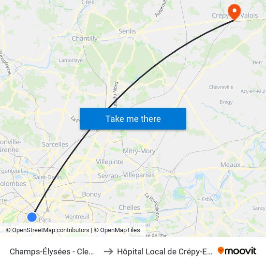 Champs-Élysées - Clemenceau to Hôpital Local de Crépy-En-Valois map