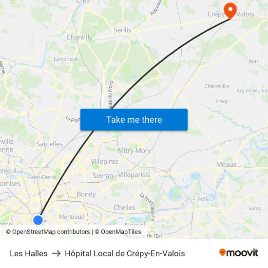 Les Halles to Hôpital Local de Crépy-En-Valois map