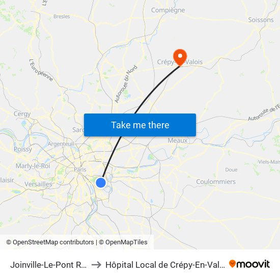 Joinville-Le-Pont RER to Hôpital Local de Crépy-En-Valois map