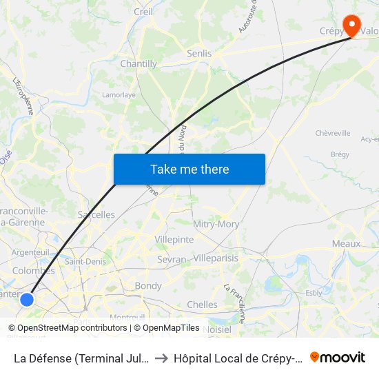 La Défense (Terminal Jules Verne) to Hôpital Local de Crépy-En-Valois map