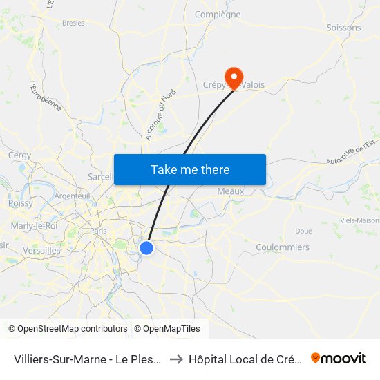 Villiers-Sur-Marne - Le Plessis-Trévise RER to Hôpital Local de Crépy-En-Valois map