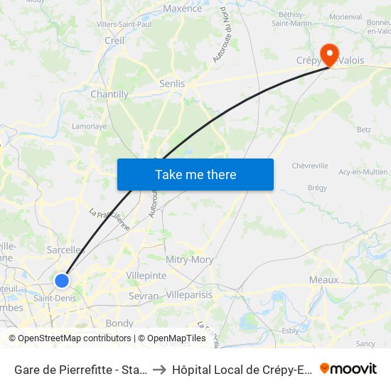 Gare de Pierrefitte - Stains RER to Hôpital Local de Crépy-En-Valois map
