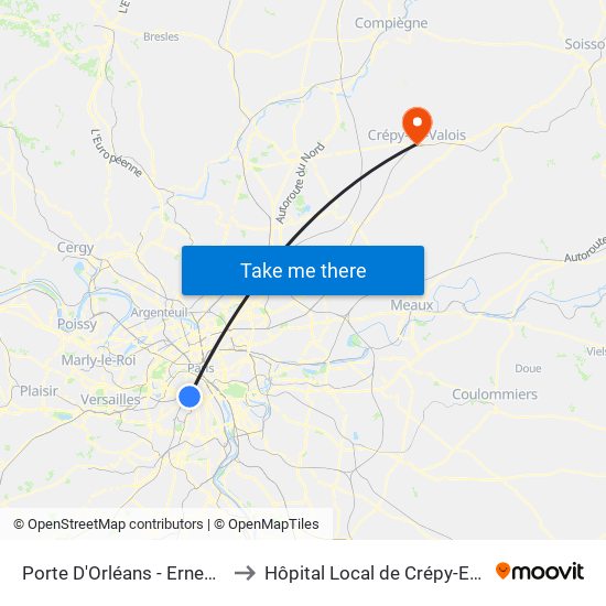 Porte D'Orléans - Ernest Reyer to Hôpital Local de Crépy-En-Valois map
