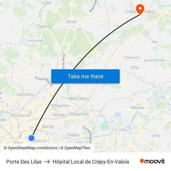 Porte Des Lilas to Hôpital Local de Crépy-En-Valois map