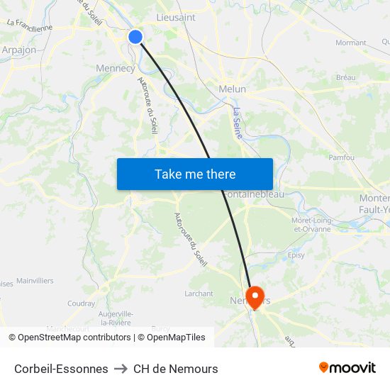 Corbeil-Essonnes to CH de Nemours map