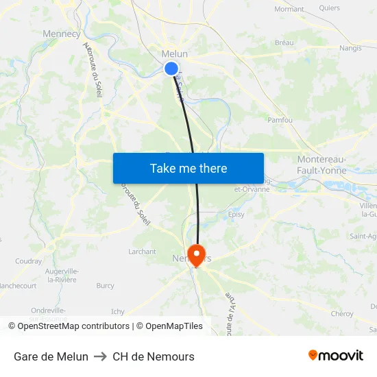 Gare de Melun to CH de Nemours map