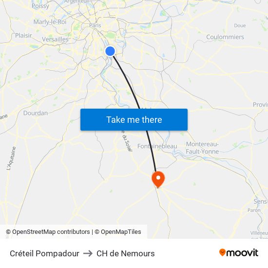 Créteil Pompadour to CH de Nemours map