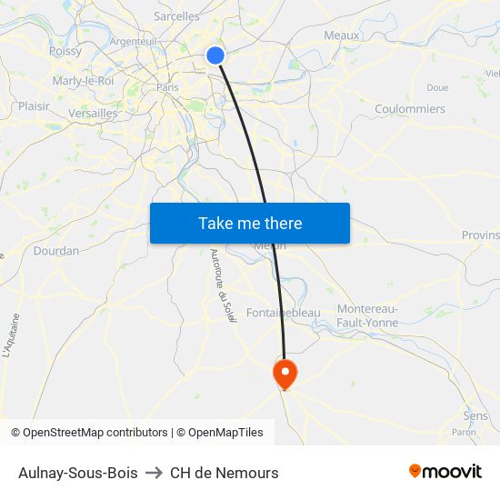 Aulnay-Sous-Bois to CH de Nemours map