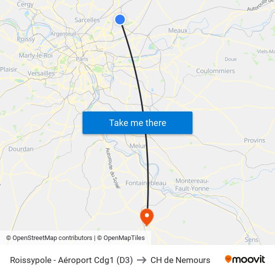 Roissypole - Aéroport Cdg1 (D3) to CH de Nemours map