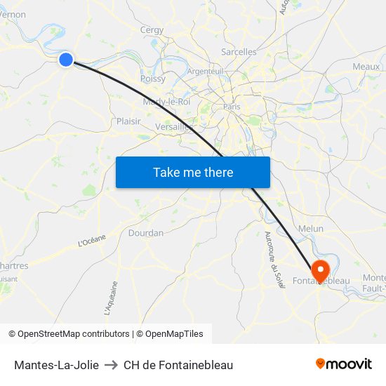 Mantes-La-Jolie to CH de Fontainebleau map