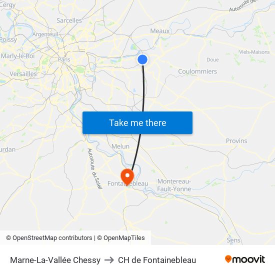 Marne-La-Vallée Chessy to CH de Fontainebleau map