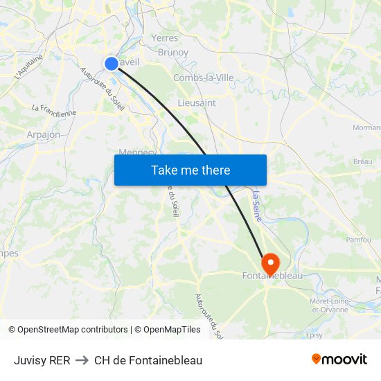 Juvisy RER to CH de Fontainebleau map