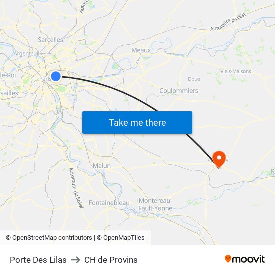 Porte Des Lilas to CH de Provins map