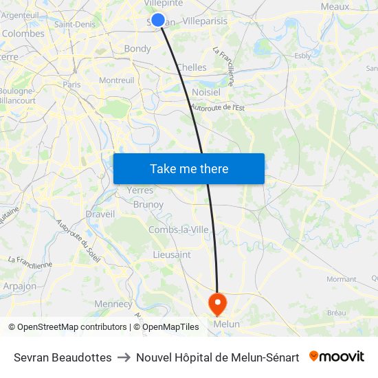 Sevran Beaudottes to Nouvel Hôpital de Melun-Sénart map