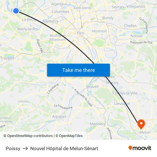 Poissy to Nouvel Hôpital de Melun-Sénart map