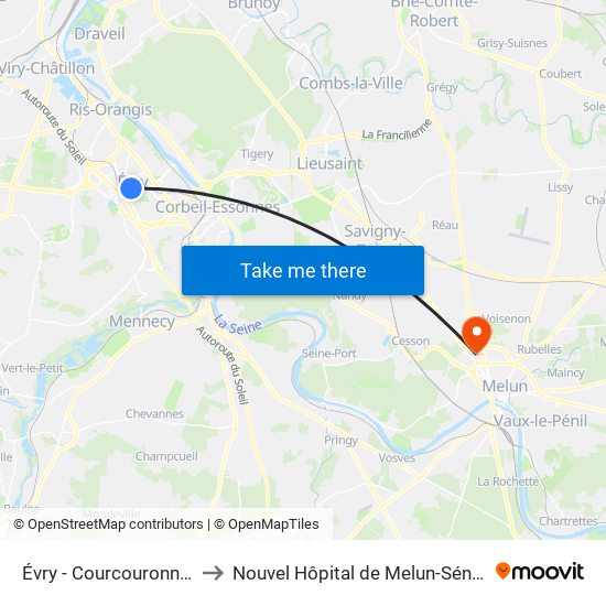 Évry - Courcouronnes to Nouvel Hôpital de Melun-Sénart map