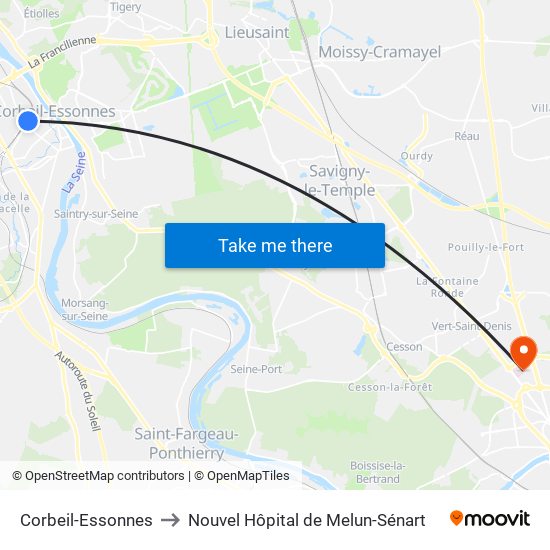 Corbeil-Essonnes to Nouvel Hôpital de Melun-Sénart map