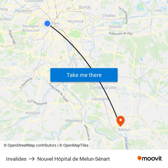 Invalides to Nouvel Hôpital de Melun-Sénart map