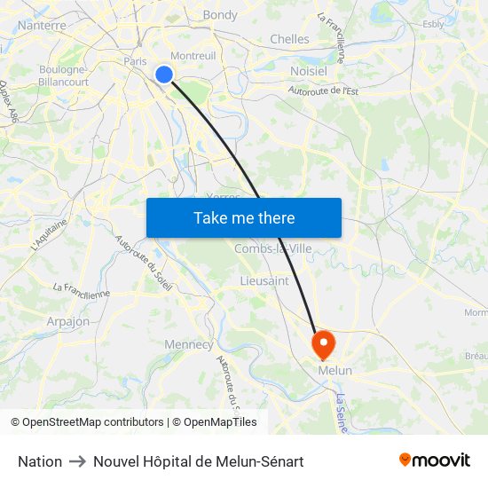 Nation to Nouvel Hôpital de Melun-Sénart map