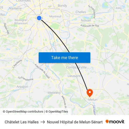 Châtelet Les Halles to Nouvel Hôpital de Melun-Sénart map