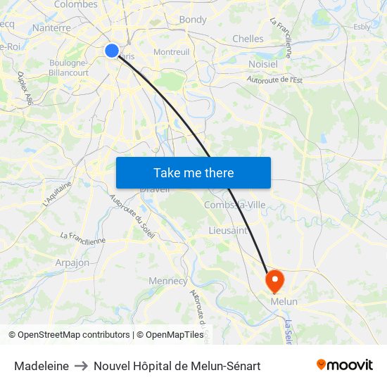 Madeleine to Nouvel Hôpital de Melun-Sénart map