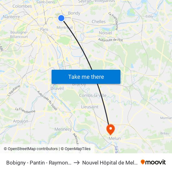 Bobigny - Pantin - Raymond Queneau to Nouvel Hôpital de Melun-Sénart map