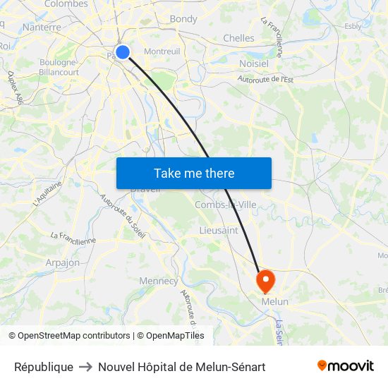 République to Nouvel Hôpital de Melun-Sénart map