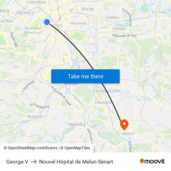 George V to Nouvel Hôpital de Melun-Sénart map