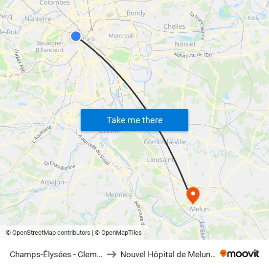 Champs-Élysées - Clemenceau to Nouvel Hôpital de Melun-Sénart map