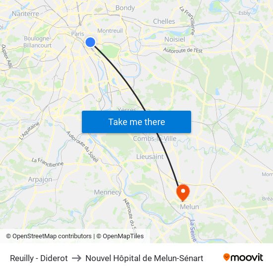 Reuilly - Diderot to Nouvel Hôpital de Melun-Sénart map