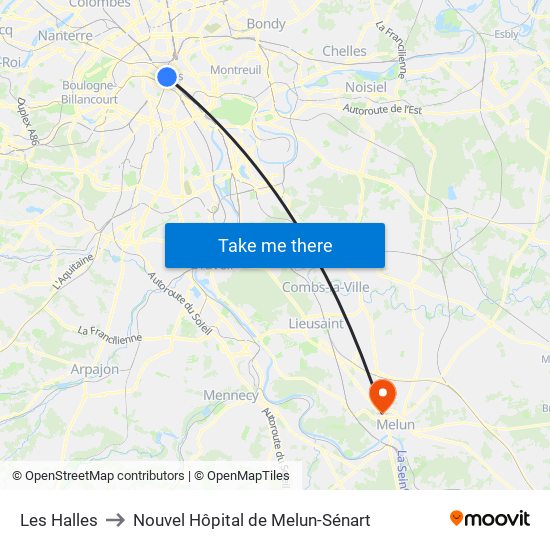 Les Halles to Nouvel Hôpital de Melun-Sénart map