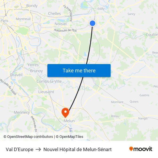 Val D'Europe to Nouvel Hôpital de Melun-Sénart map