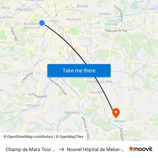 Champ de Mars Tour Eiffel to Nouvel Hôpital de Melun-Sénart map