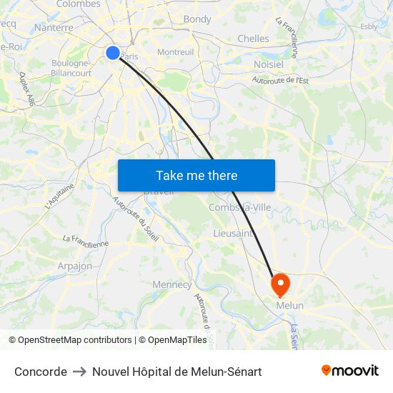 Concorde to Nouvel Hôpital de Melun-Sénart map