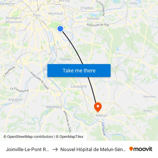 Joinville-Le-Pont RER to Nouvel Hôpital de Melun-Sénart map