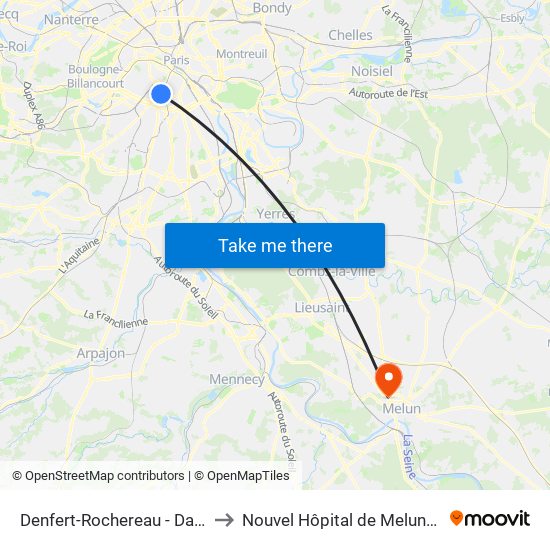 Denfert-Rochereau - Daguerre to Nouvel Hôpital de Melun-Sénart map
