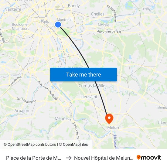 Place de la Porte de Montreuil to Nouvel Hôpital de Melun-Sénart map