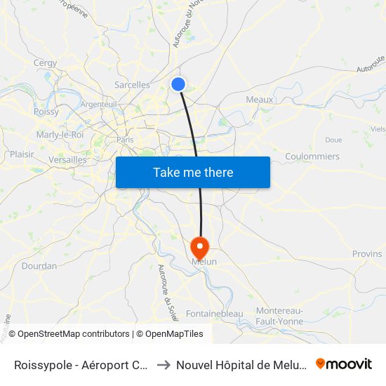 Roissypole - Aéroport Cdg1 (E2) to Nouvel Hôpital de Melun-Sénart map